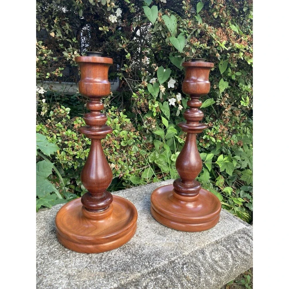 Vintage Hand Turned Wood Candlestick Taper Holders Brass Insert Fruitwood
